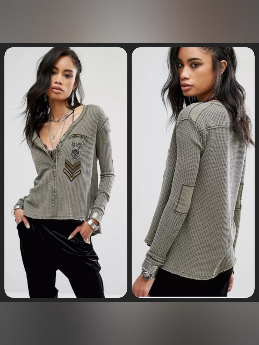 We The Free People Bridge Park Waffle Knit Thermal Henley W/patches